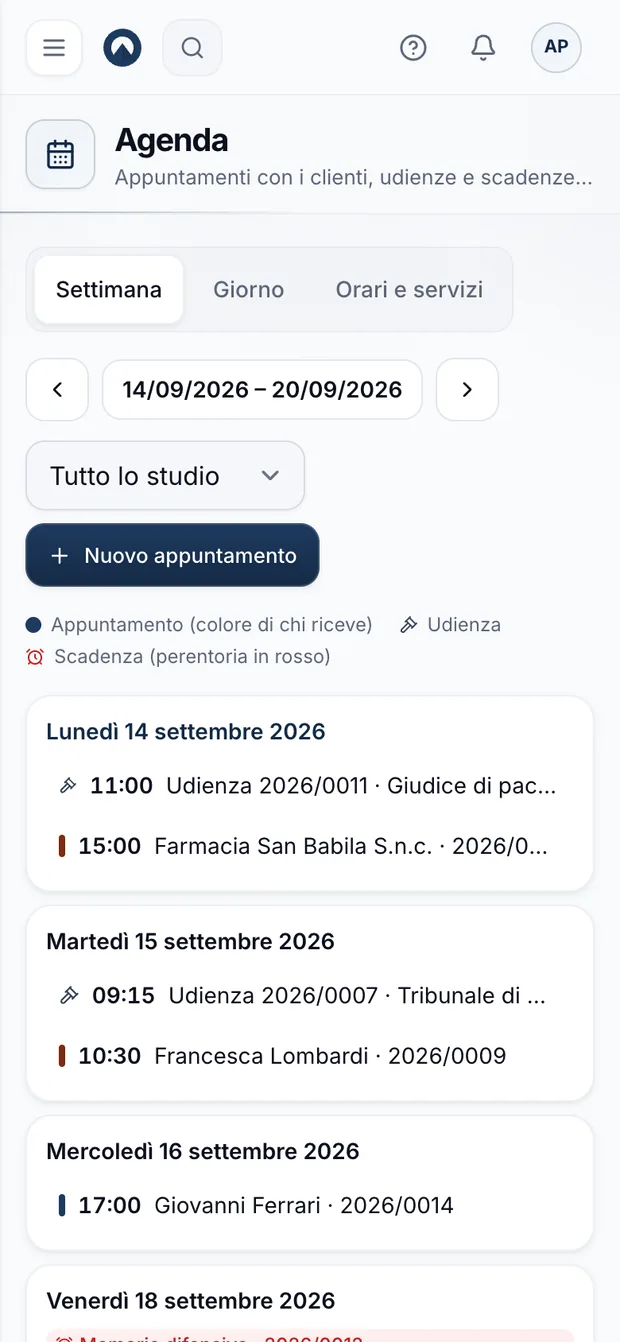 L’agenda della settimana dello studio: appuntamenti con i clienti, udienze e scadenze perentorie giorno per giorno.