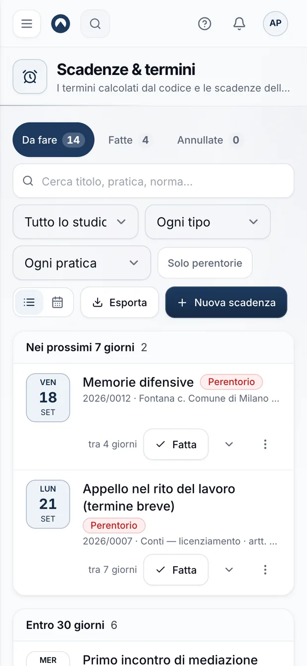 Le scadenze dello studio: memorie e appelli con la data, il bollino «Perentorio», la pratica e i giorni che restano, da segnare come fatte.